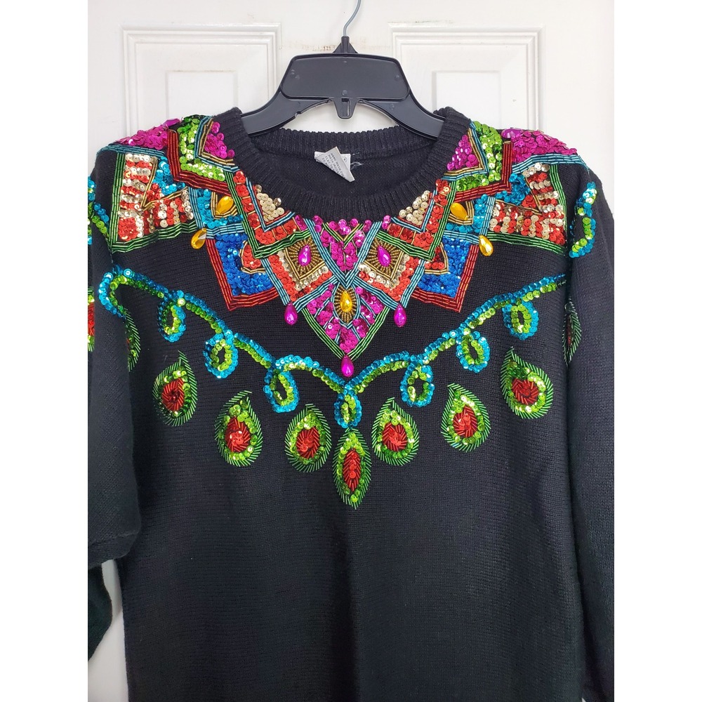 Here's A Hug Sweater Black Beaded Sequin Embellished Vintage 90s Knit Medium